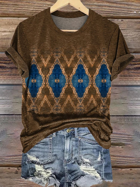 Simple Brown Geometric Print Casual T-Shirt