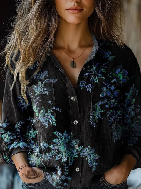Black Retro Floral Print Casual Shirt