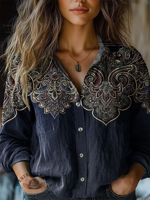 Retro Blue Graphic Print Casual Shirt