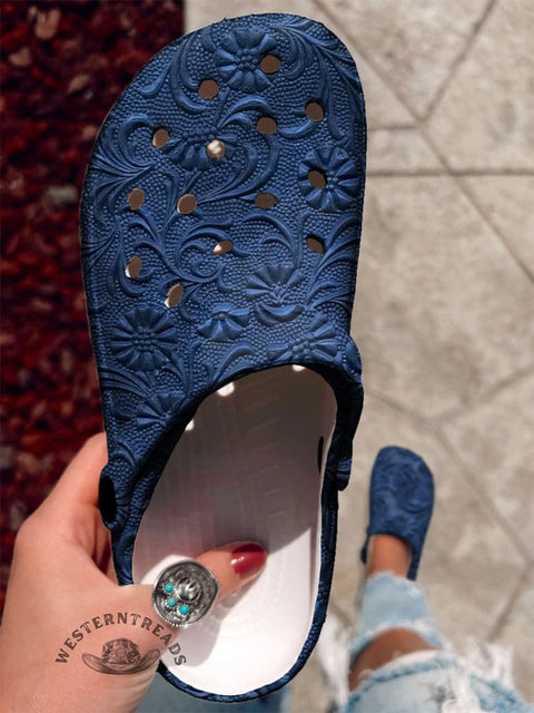 Blue Flower Dark Pattern Printed Casual Slippers