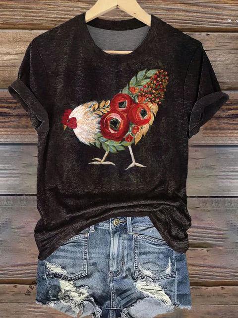 Rose Ranch Hen Print Casual T-Shirt