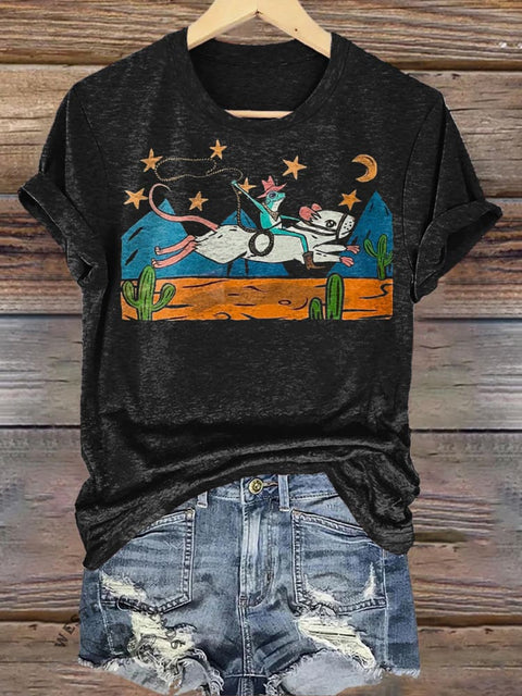 Denim Frog Riding Mouse Print Casual T-Shirt