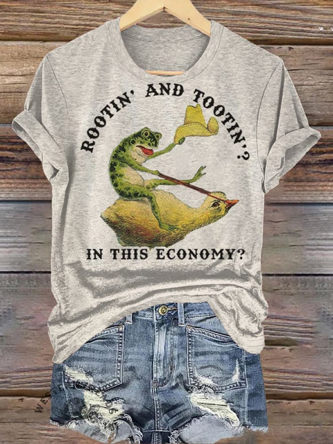 Denim Frog Riding Chick Print Casual T-Shirt
