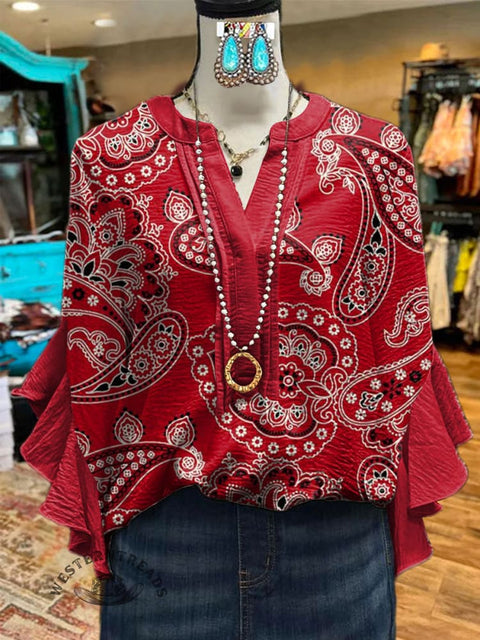 Women's Red Bohemian Floral Print Ruffle Sleeve Top