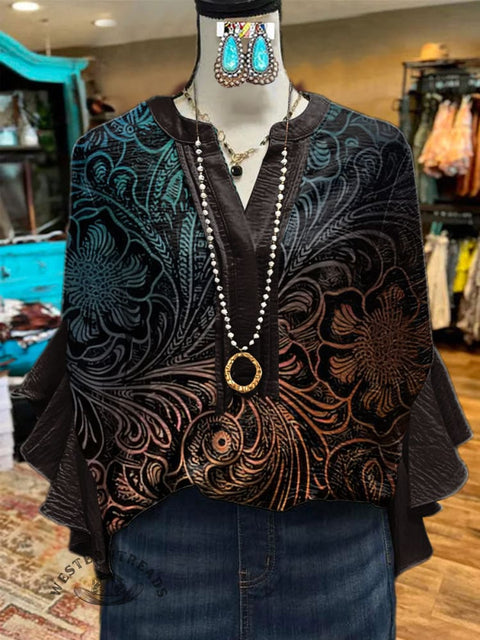 Women's Retro Dark Floral Print Ruffle Sleeve Top