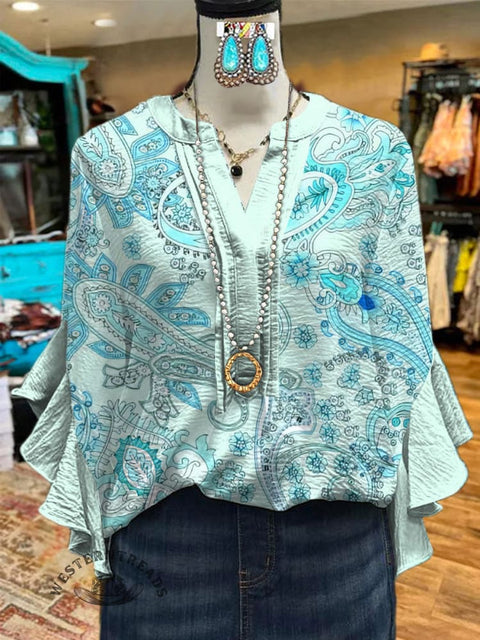 Women's Blue Bohemian Print Ruffle Sleeve Top