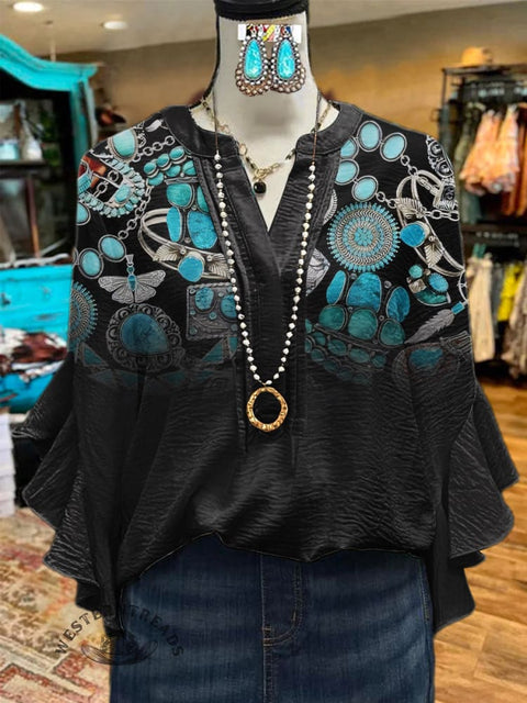 Women's Turquoise Jewelry Print Ruffle Sleeve Top