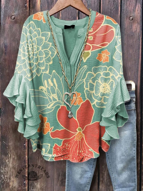 Women's Simple Floral Print Ruffle Sleeve Top