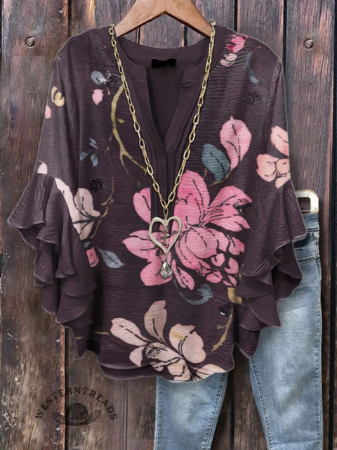 Women's Purple Simple Floral Print Ruffle Sleeve Top
