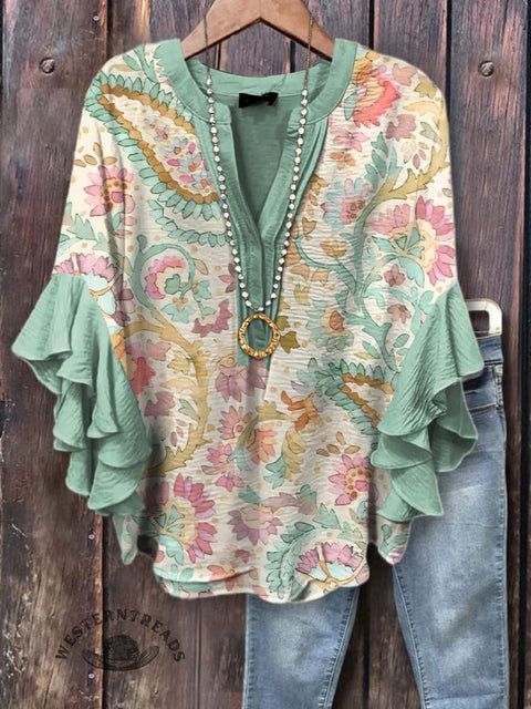 Women's Elegant Bohemian Print Ruffle Sleeve Top