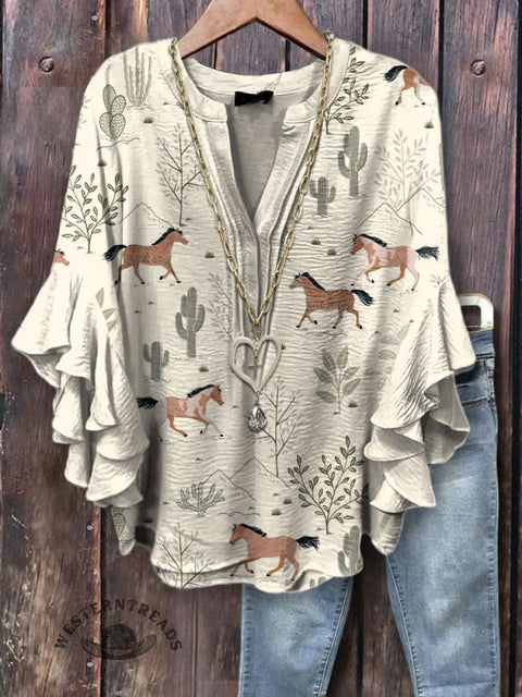 Women's Western Horse Cactus Print Ruffle Sleeve Top