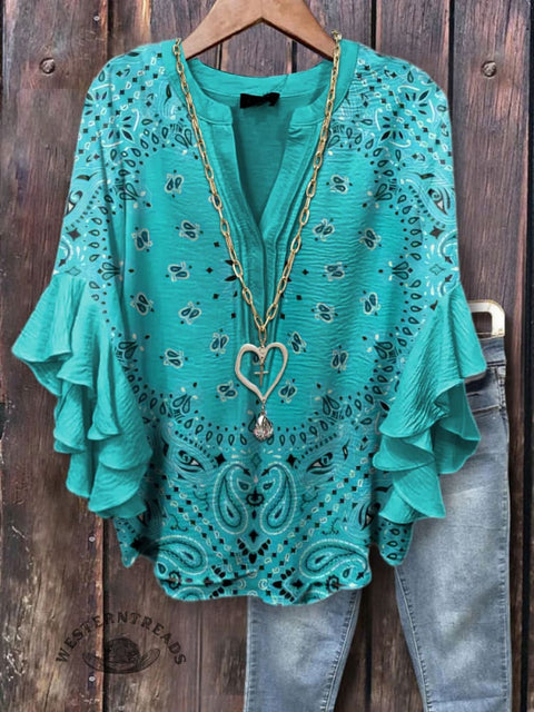 Women's Blue Bohemian Print Ruffle Sleeve Top