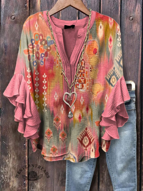 Women's Ethnic Pattern Printed Ruffle Sleeve Top