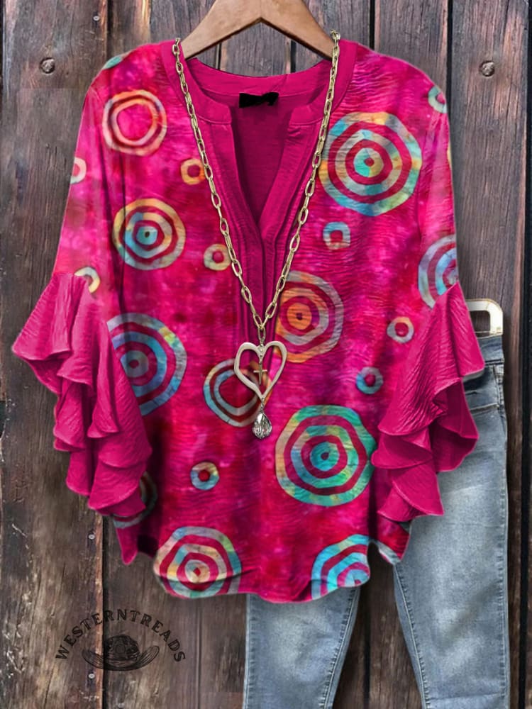 Women's Simple Circle Printed Ruffle Sleeve Top