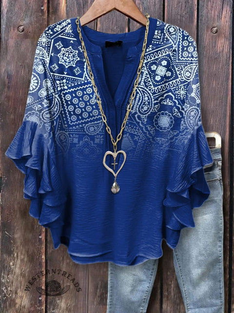 Women's Bohemian Printed Ruffle Sleeve Top
