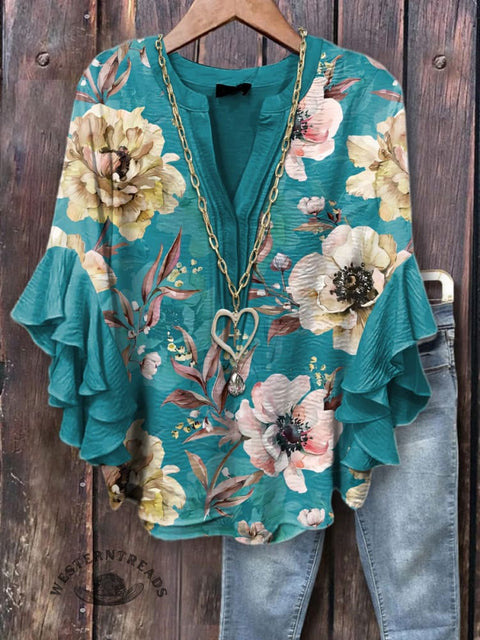 Women's Simple Floral Print Ruffle Sleeve Top