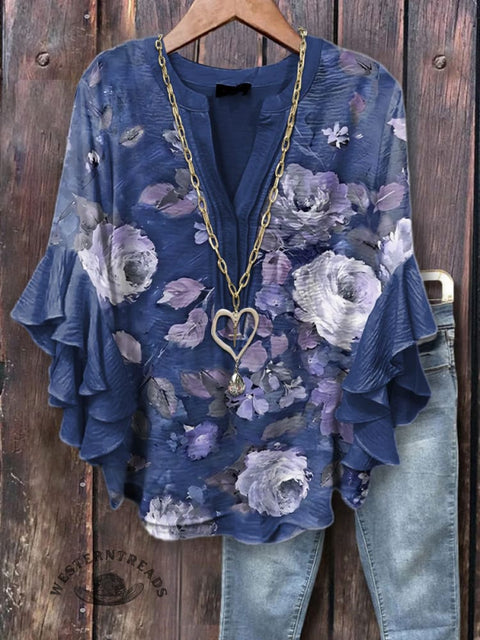 Women's Simple Elegant Floral Print Ruffle Sleeve Top