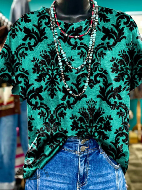 Turquoise Pattern Print Casual T-Shirt