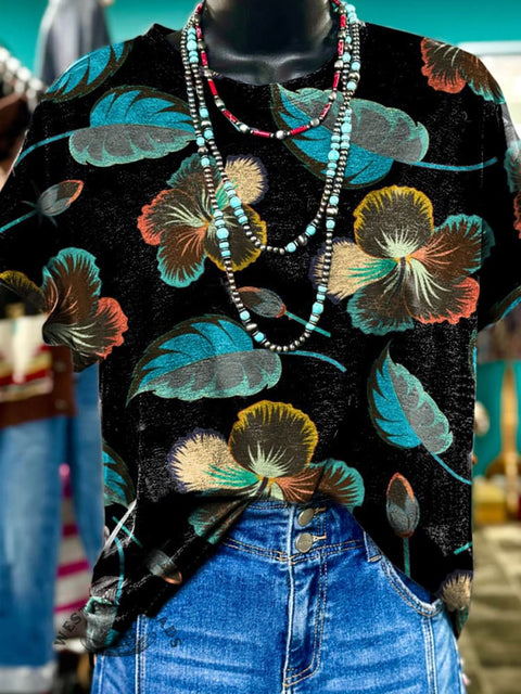 Simple Floral Pattern Printed Casual T-Shirt