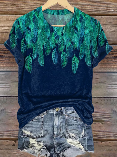 Turquoise Feather Print Casual T-Shirt