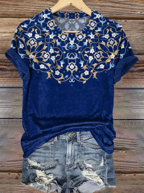 Elegant Retro Floral Print Casual T-shirt