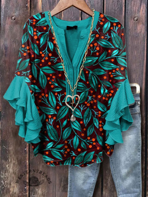 Retro Berry Pattern Printed Ruffle Sleeve Top