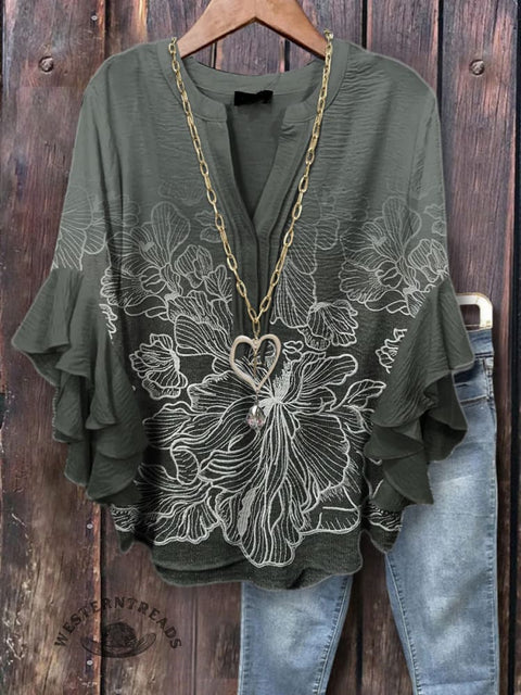 Retro Floral Simple Print Ruffle Sleeve Top