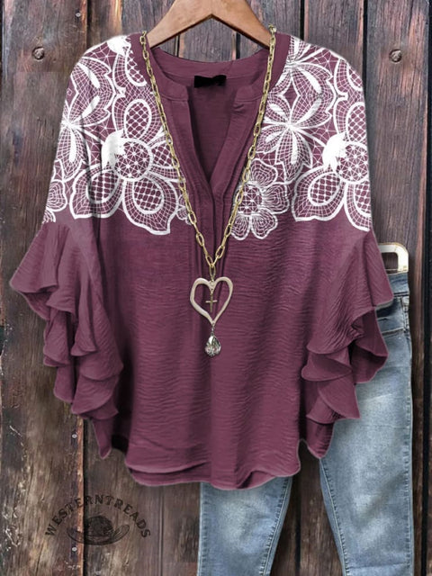 Simple Lace Floral Print Ruffle Sleeve Top