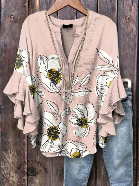 Pink Simple Floral Printed Ruffle Sleeve Top