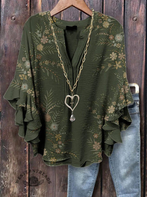 Simple Floral Art Printed Ruffle Sleeve Top
