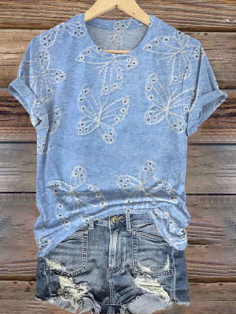 Knitted Butterfly Print Casual T-shirt