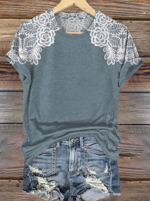 Simple Lace Printed Casual T-Shirt