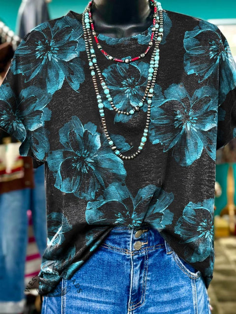 Black Floral Simple Print Casual T-shirt