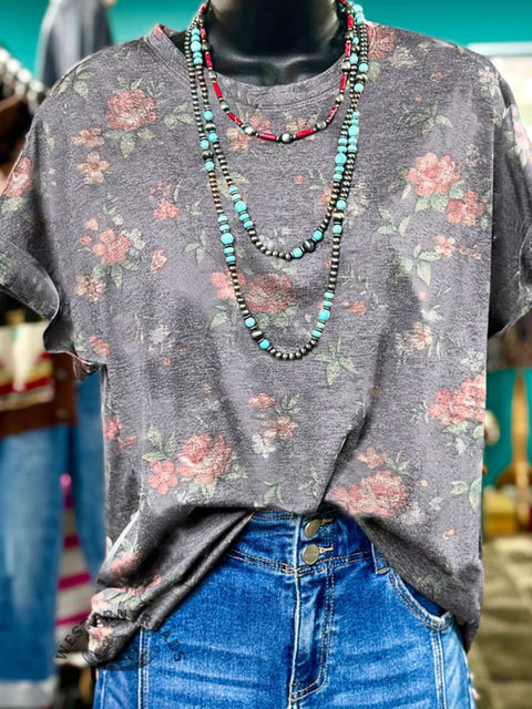 Simple Rose Floral Printed Casual T-shirt