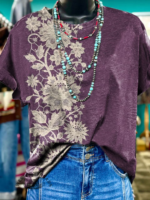Simple Lace Floral Print Casual T-shirt