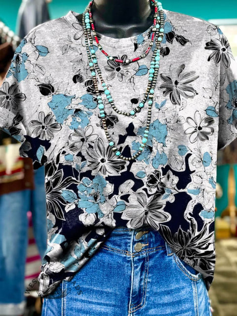 Simple Floral Print Casual T-Shirt