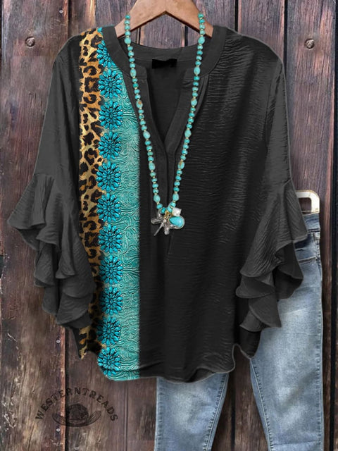 Women's Simple Turquoise Printed Ruffle Sleeve Top