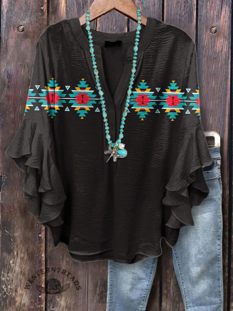 Women's Simple Aztec Print Ruffle Sleeve Top