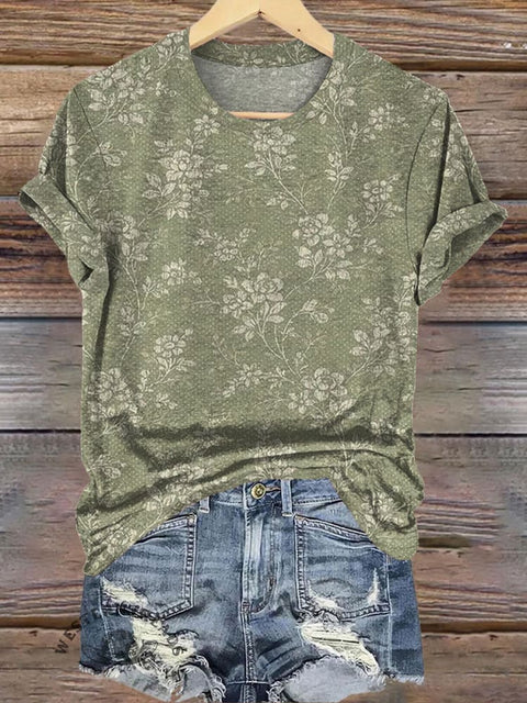 Retro Floral Simple Print Casual T-shirt
