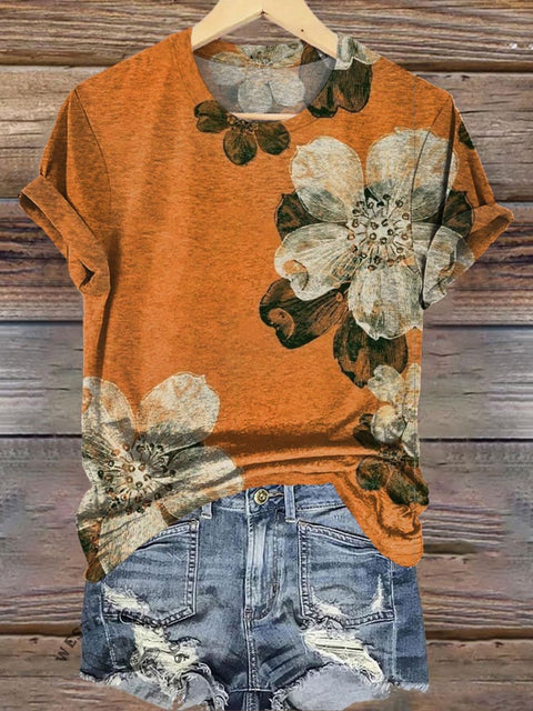 Orange Simple Floral Print T-Shirt