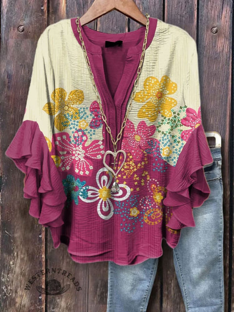Simple Floral Print Ruffle Sleeve Top