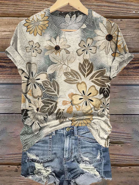 Beige Floral Graphic Print Casual T-Shirt