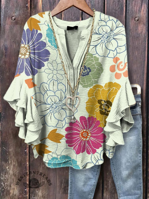 Women's Simple Fashion Floral Pattern Printed Ruffle Sleeve Top