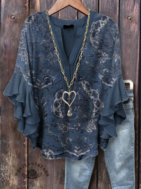 Women's Retro Blue Pattern Printed Ruffle Sleeve Top