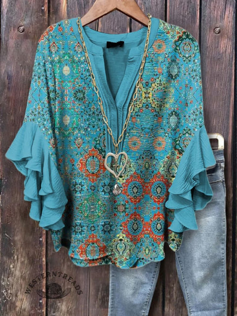 Women's Blue Retro Floral Print Ruffle Sleeve Top