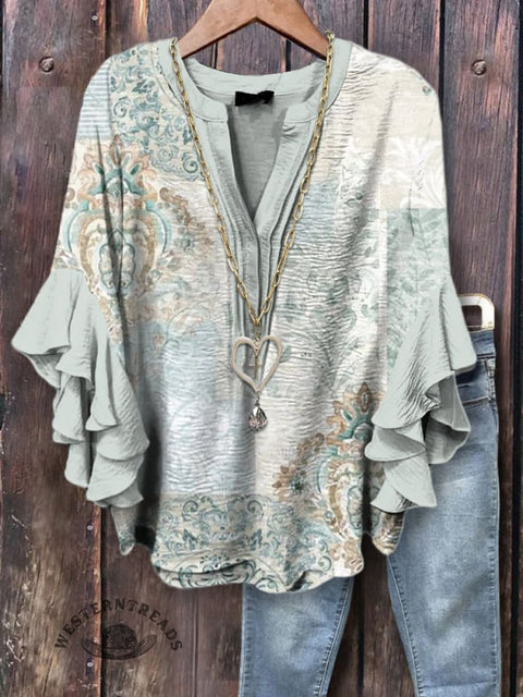 Women's Elegant Floral Pattern Printed Ruffle Sleeve Top