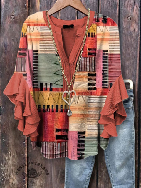 Women's Retro Geometric Pattern Printed Ruffle Sleeve Top