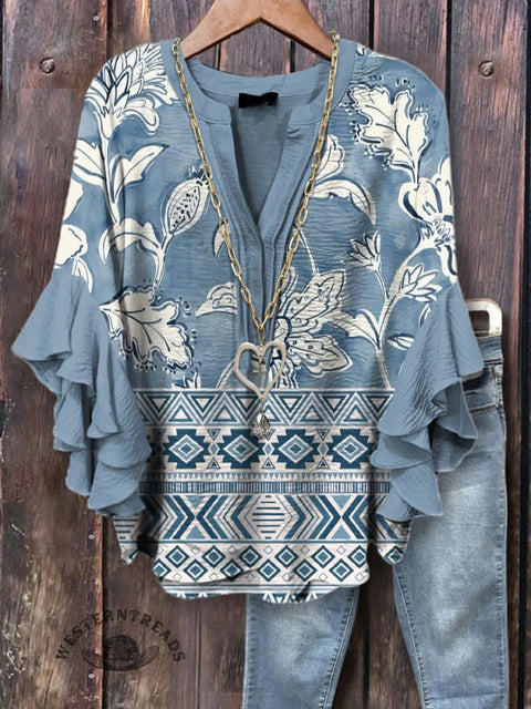 Women's Retro Pattern Printed Ruffle Sleeve Top