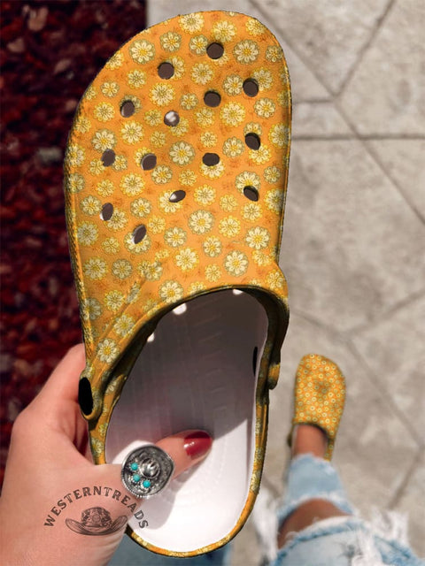 Yellow Floral Printed Casual Hole Slippers