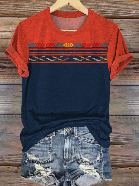 Simple Ethnic Stripe Print Casual T-Shirt